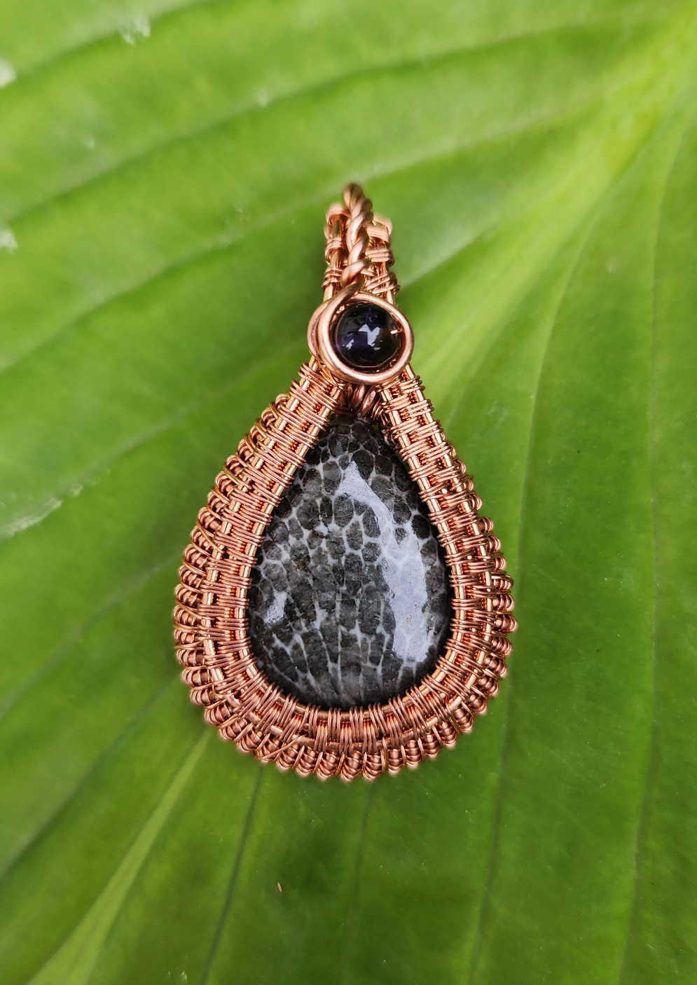 Fossil Coral and Iolite Woven Pendant