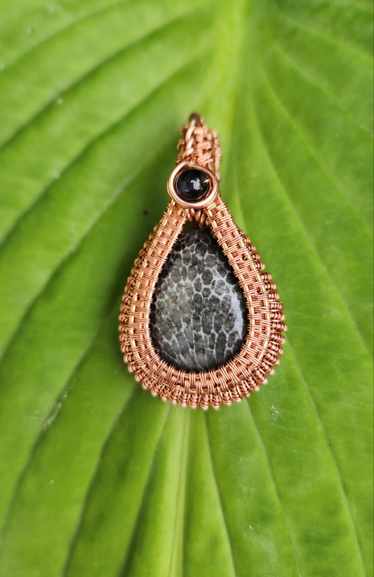 Fossil Coral and Iolite Woven Pendant