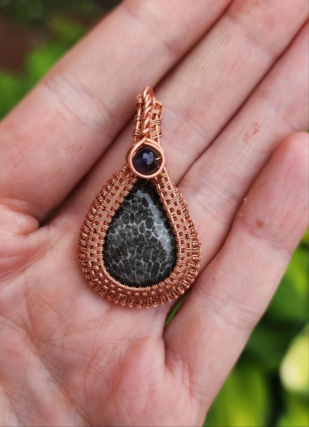 Fossil Coral and Iolite Woven Pendant