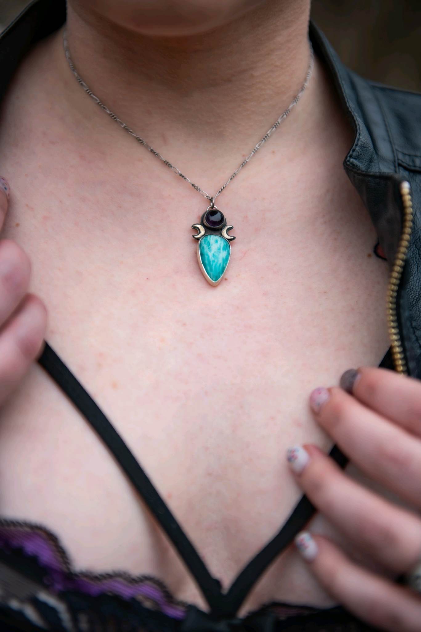 Amethyst and amazonite with two moons sterling silver witchy pendant